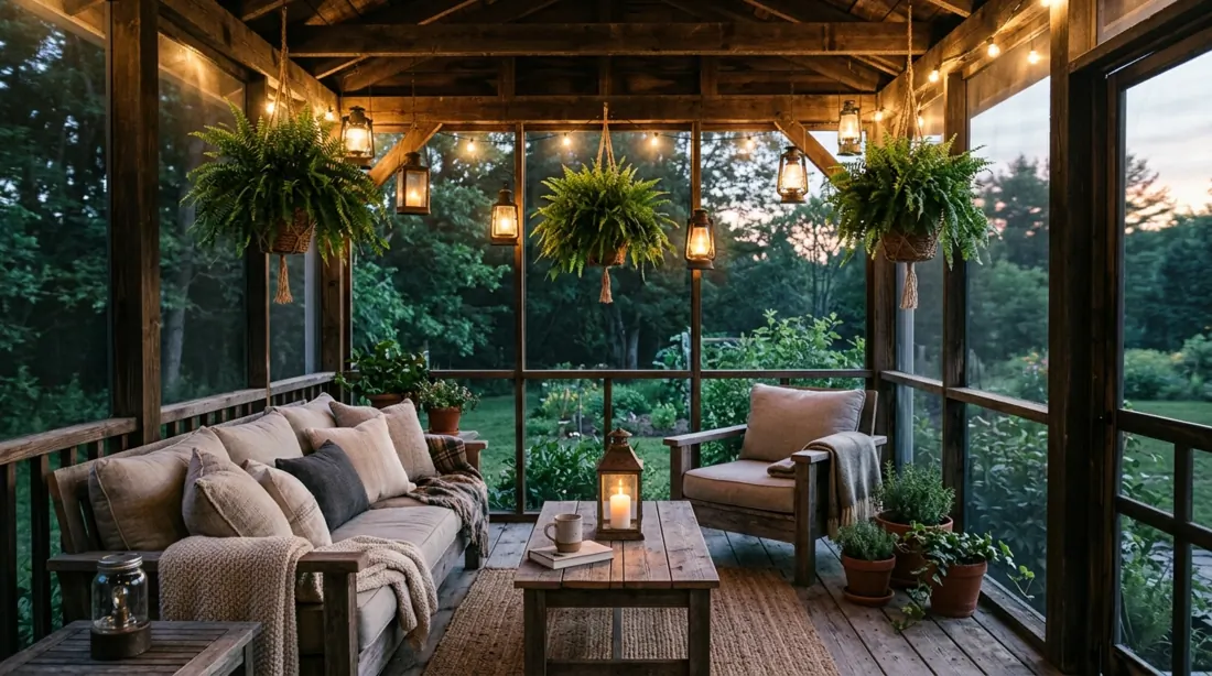 Farmhouse screened porch with reclaimed wood furniture, vintage lanterns, linen cushions, hanging ferns, and evening warmth.