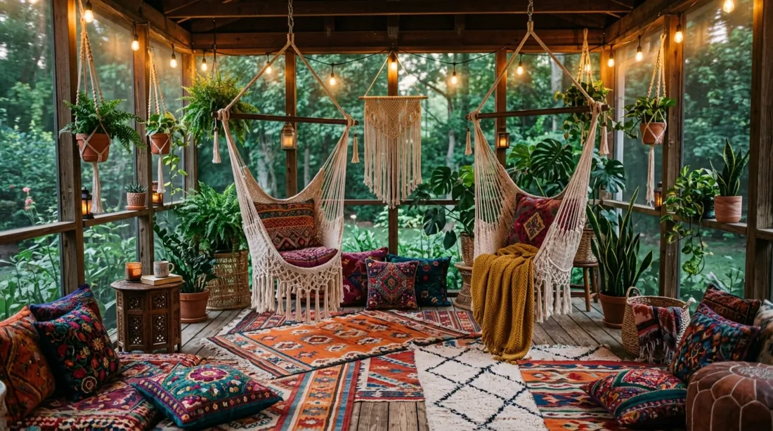 Bohemian screened porch with layered rugs, macrame hanging chairs, colorful cushions, woven textures, and ambient lighting.