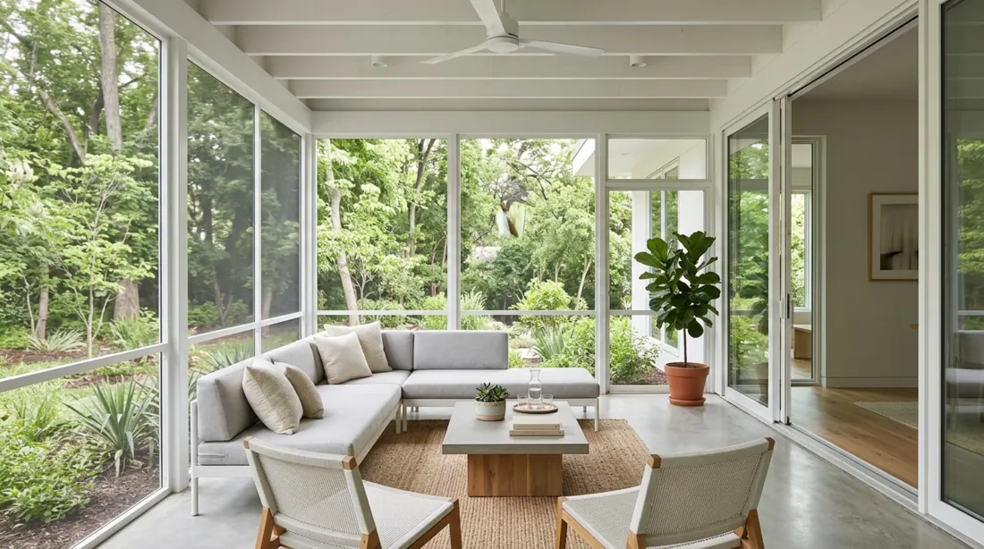 Minimalist screened porch with white steel frames, low-profile seating, concrete floor, and bright natural light.