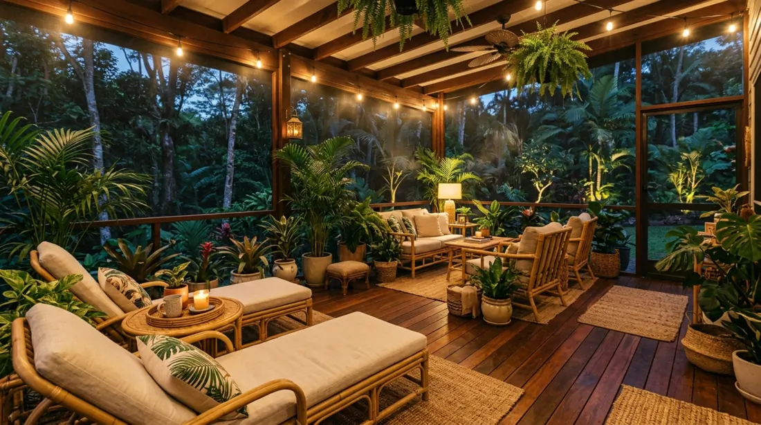 Tropical screened porch with palms, bamboo furniture, rattan loungers, warm wood flooring, and golden lighting.