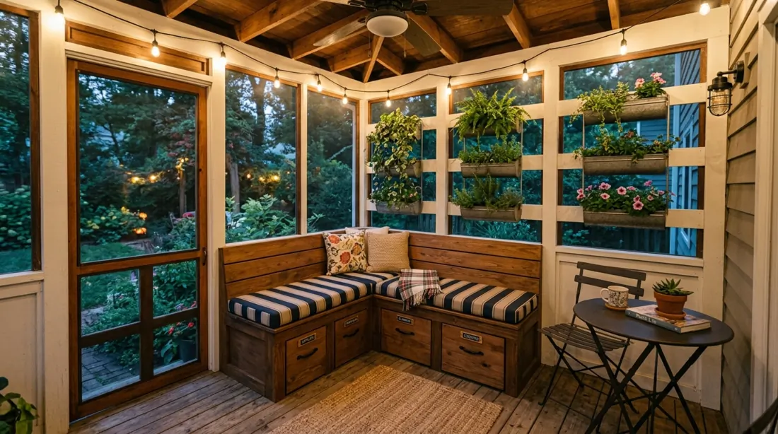 Compact screened-in porch with built-in bench seating, under-seat storage, café table, planters, and LED lighting.