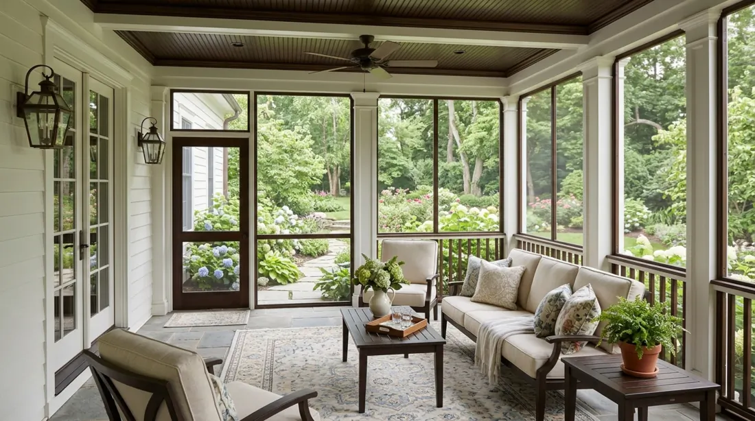 Traditional screened porch with column framing, cream upholstered seating, patterned rug, lantern sconces, and garden view.