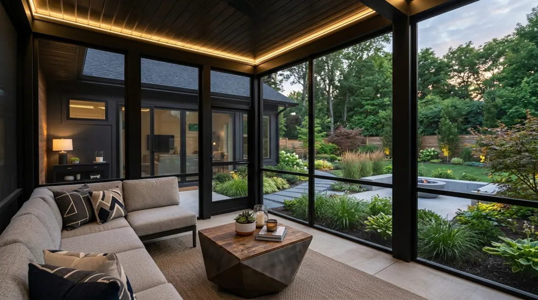 Contemporary screened porch with dark framing, modular sofa, geometric table, LED strip lighting, and landscaped backyard view.