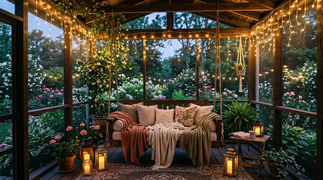 Romantic screened porch with fairy lights, cushioned swing bench, soft throws, lanterns, and blooming garden backdrop.