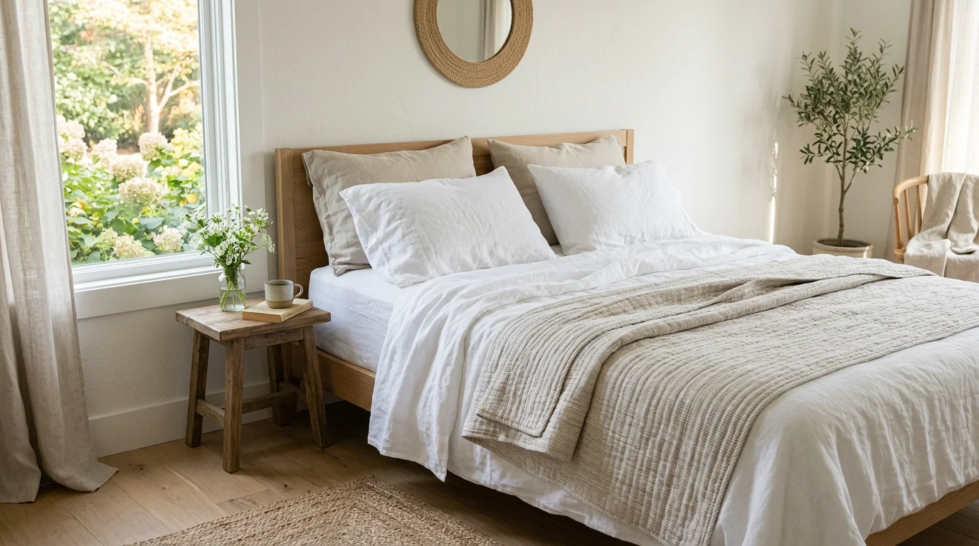 Summer bedroom with light breathable bedding, airy curtains, and a cool calm palette.