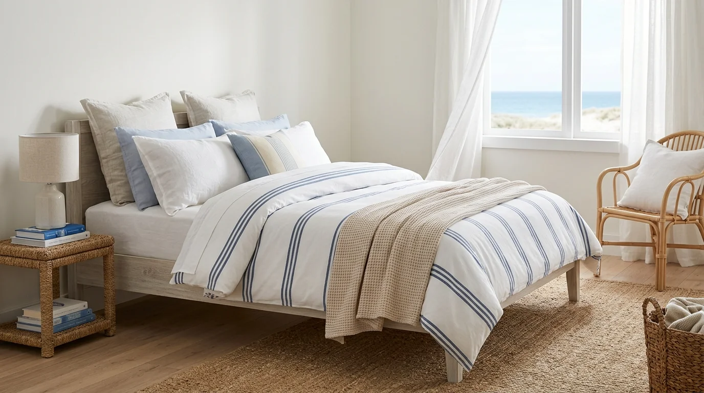 Bedroom with pale blue bedding, bright daylight, and a breezy relaxed summer feel.