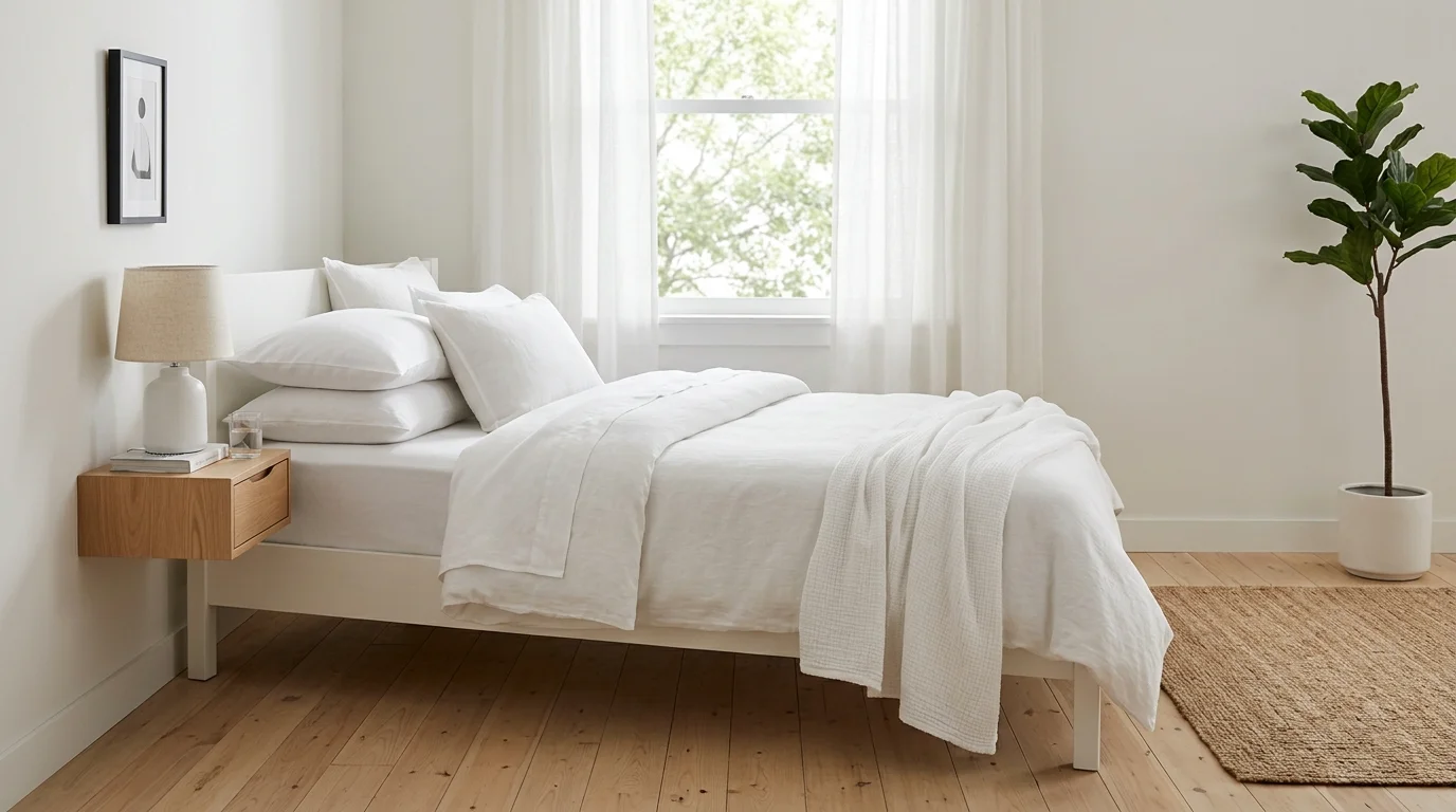 Summer bed with breathable cotton layers, simple pillows, and a light uncluttered look.