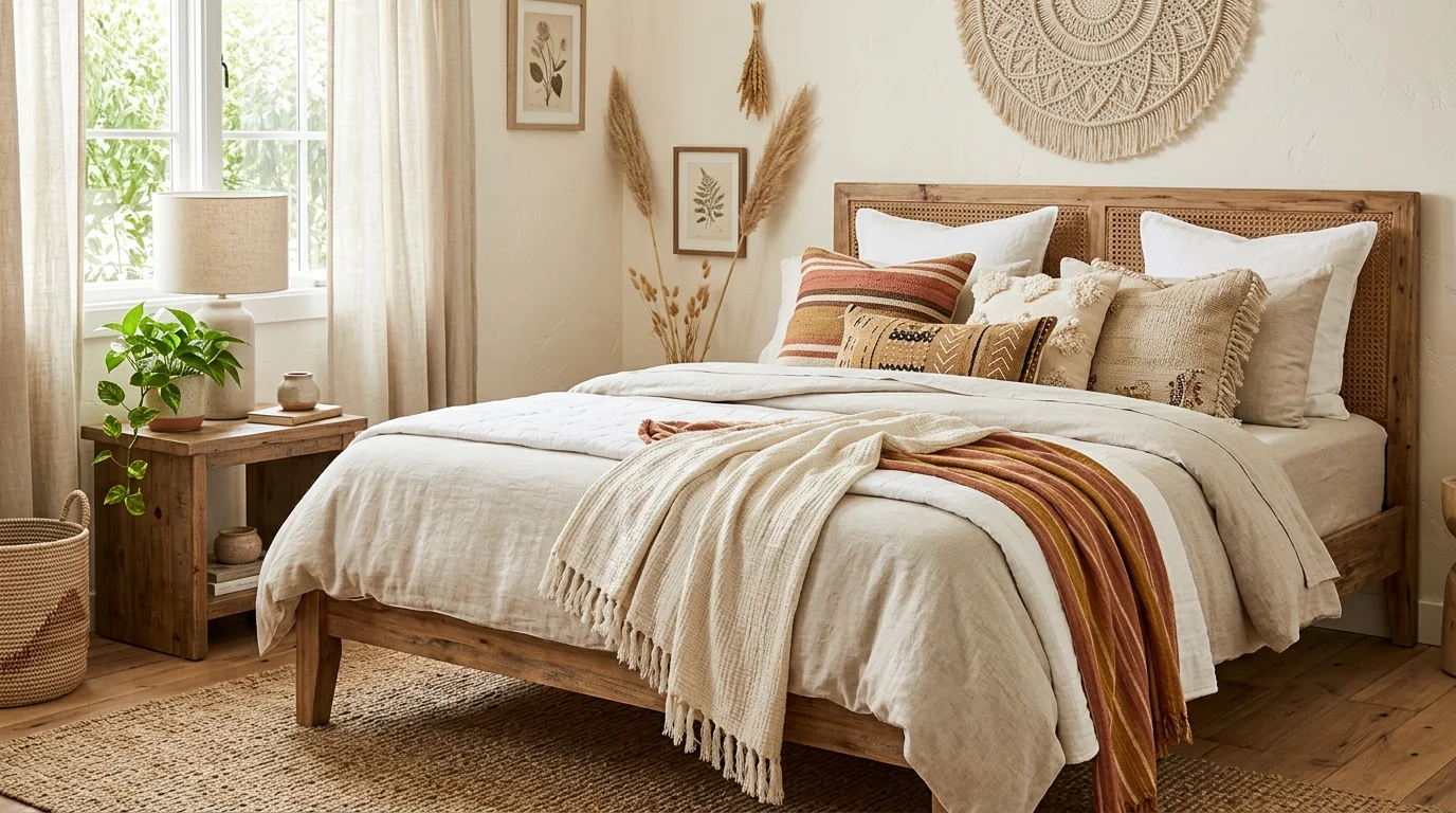 Coastal-inspired bedroom with neutral bedding, woven textures, and a cool serene mood.