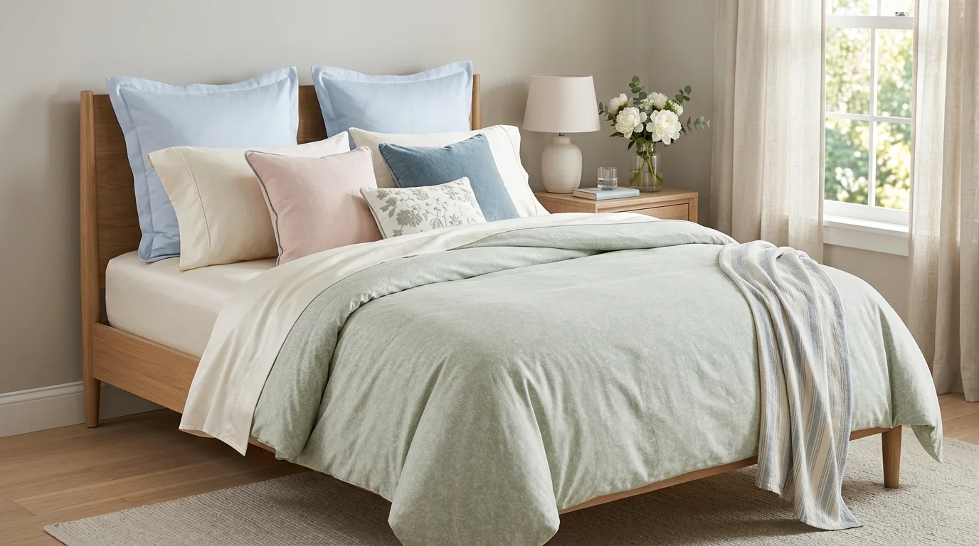 Minimal bedroom with crisp bedding, pale tones, and lots of cool open space.