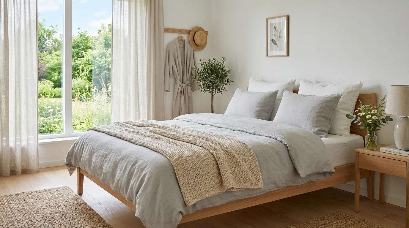 Bedroom with green accents, white bedding, and a nature-inspired summer palette.