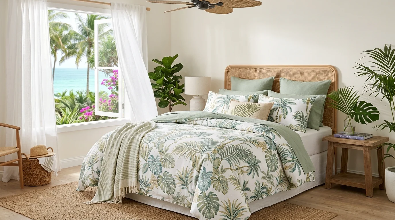 Soft pastel bedding with airy textures and a gentle light-filled bedroom mood.