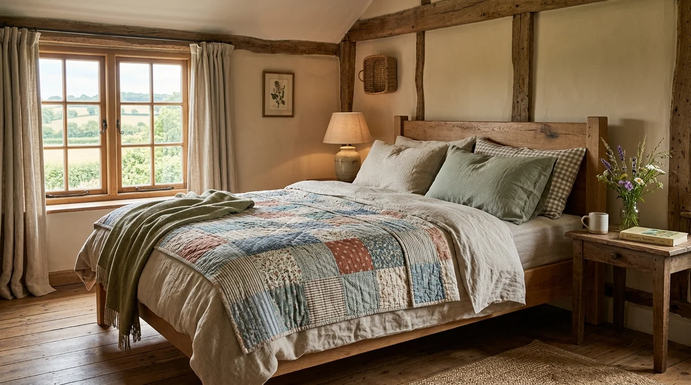 Bedroom with crisp hotel-style white bedding and a polished cool summer finish.