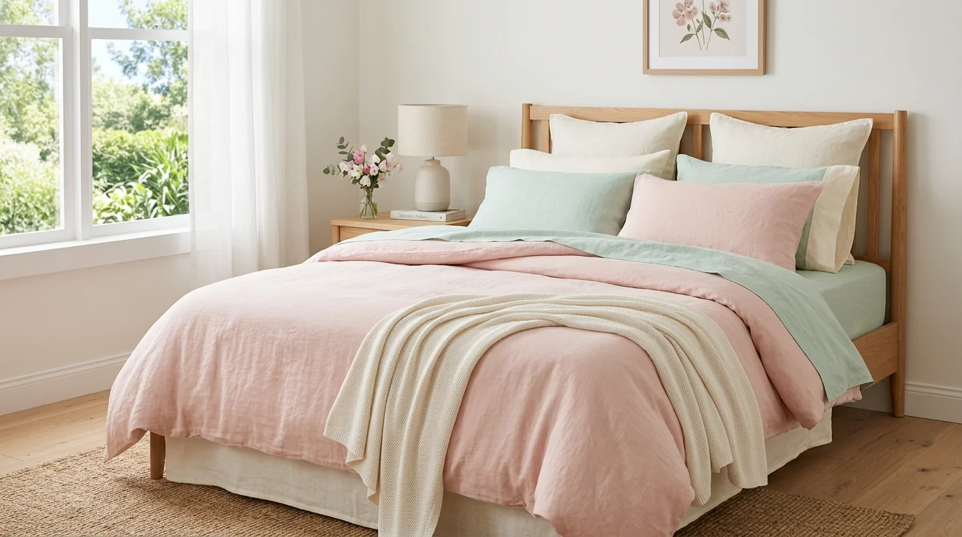 Boho summer bedroom with light throws, woven accents, and relaxed breathable bedding.