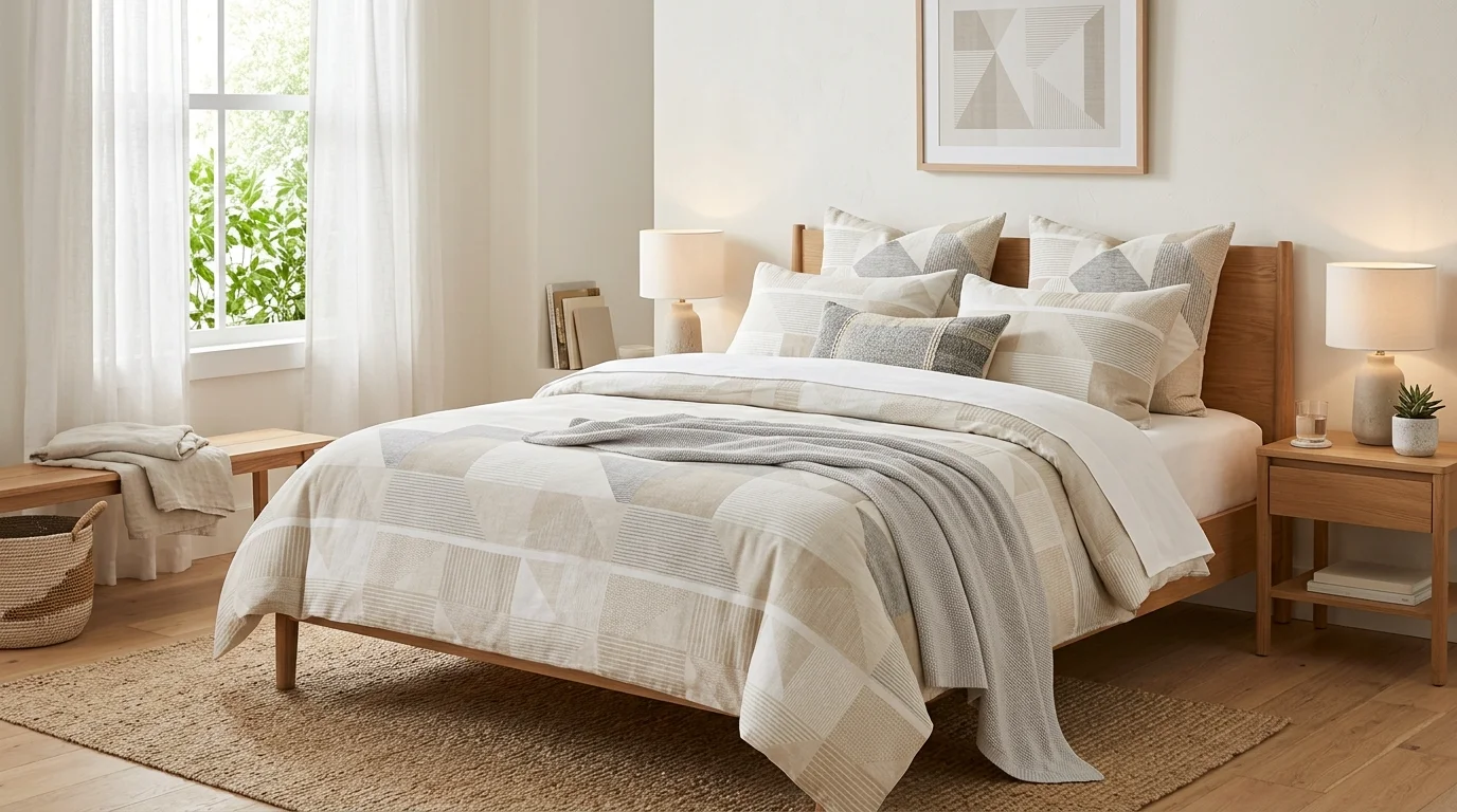 Scandinavian-style bedroom with pale bedding, oak details, and bright natural light.