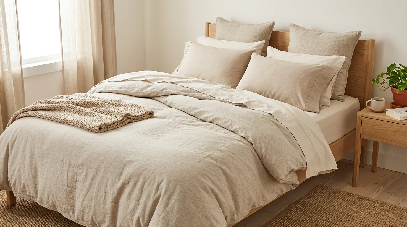 Summer bedroom with soft botanical accents, cool bedding, and a relaxed vacation mood.