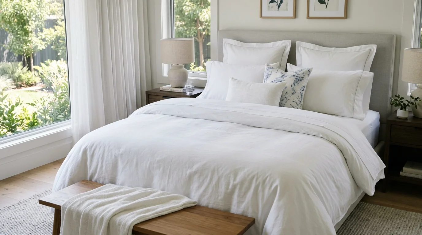 Bedroom with light gray summer bedding, clean styling, and a calm understated look.