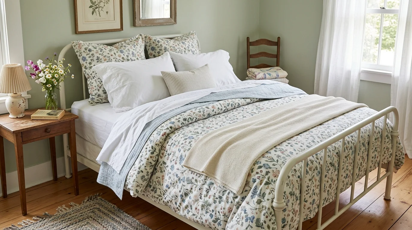 Bright bedroom with summer bedding, open windows, and a breezy comfortable sleep setup.