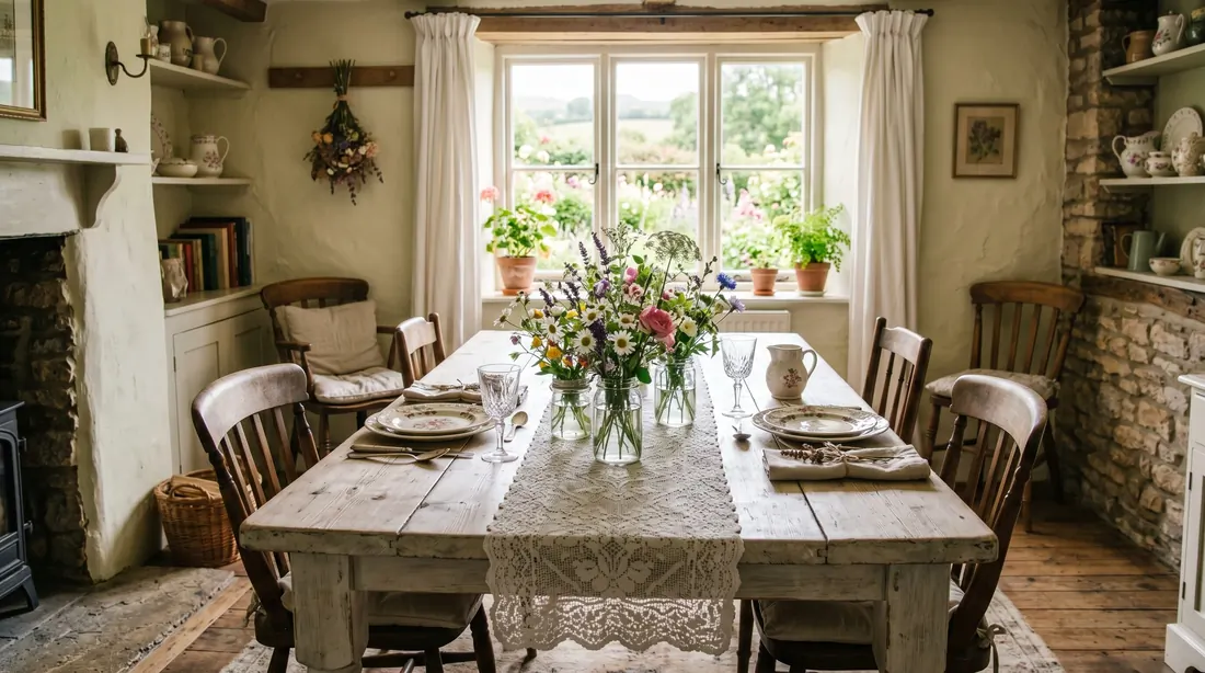 Cottagecore dining room with whitewashed table, lace runner, and wildflowers in glass jars.