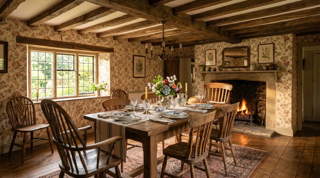 Cozy cottage dining room with wooden beams, floral wallpaper, vintage chairs, and farmhouse table.