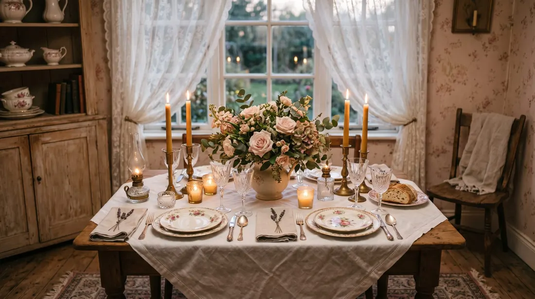 Romantic dining room with blush flowers, antique china, lace curtains, and candlelit ambiance.