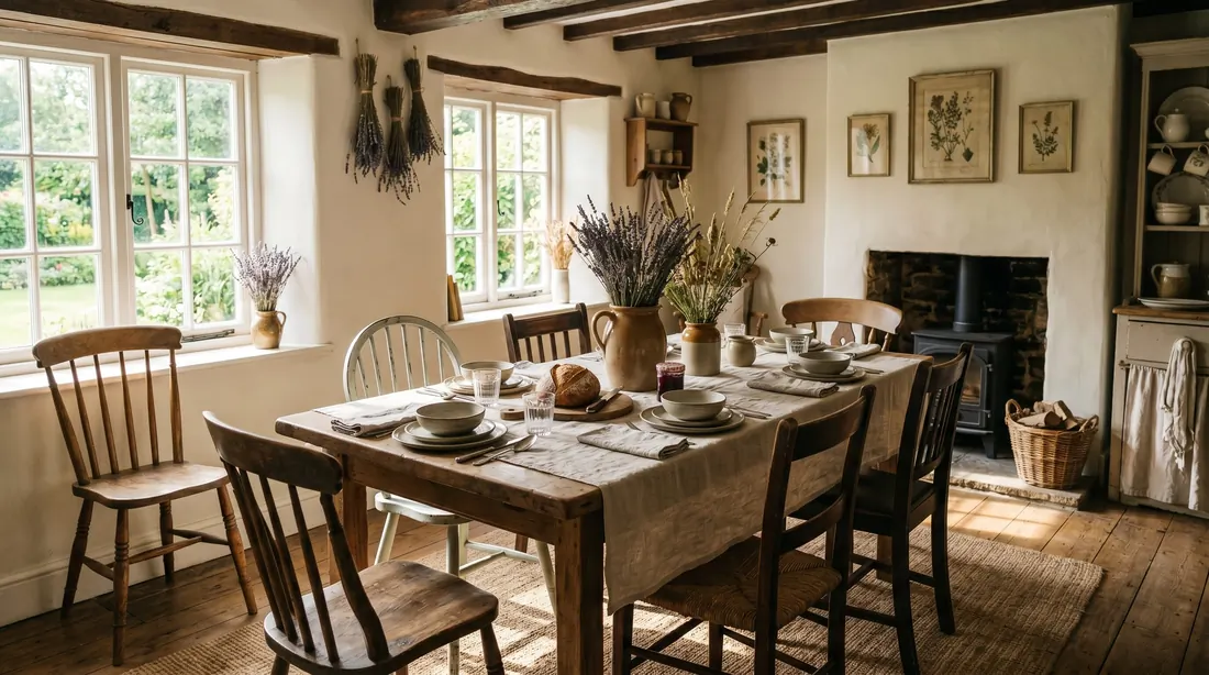 Farmhouse cottage dining room with reclaimed wood table, mismatched chairs, lavender bundles, and linen.