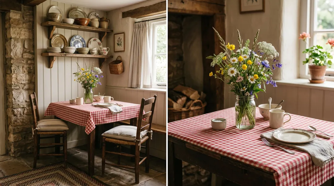Country dining nook with gingham tablecloth, mason jar wildflowers, shelves, ceramics, and earthy tones.