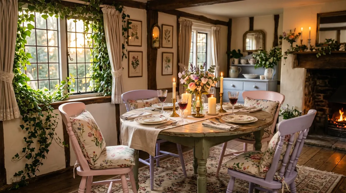 Romantic cottage dining room with ivy windows, pastel furniture, floral cushions, and candles.