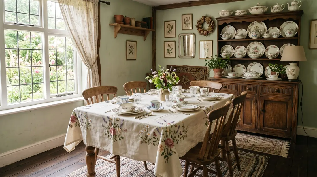 Vintage cottagecore dining room with antique buffet, floral china display, embroidered linens, and faded colors.