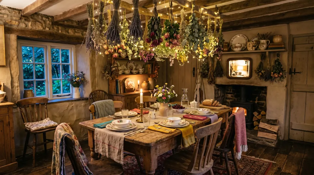 Whimsical cottage dining room with dried flowers, fairy lights, rustic table, and vintage crockery.