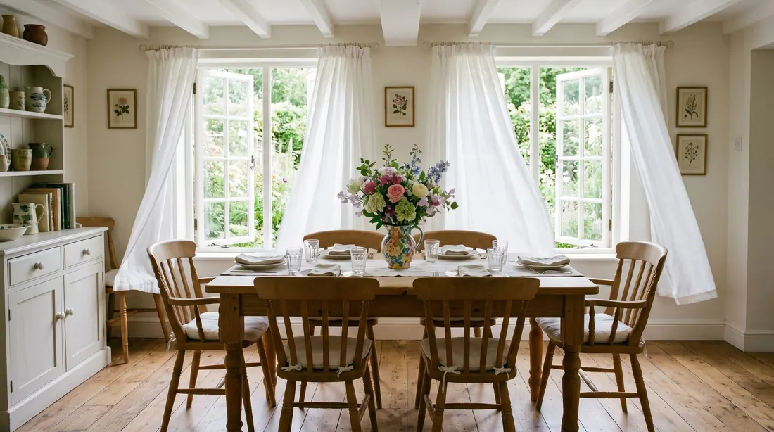 Bright cottage dining room with large windows, white curtains, simple wood furniture, and garden flowers.