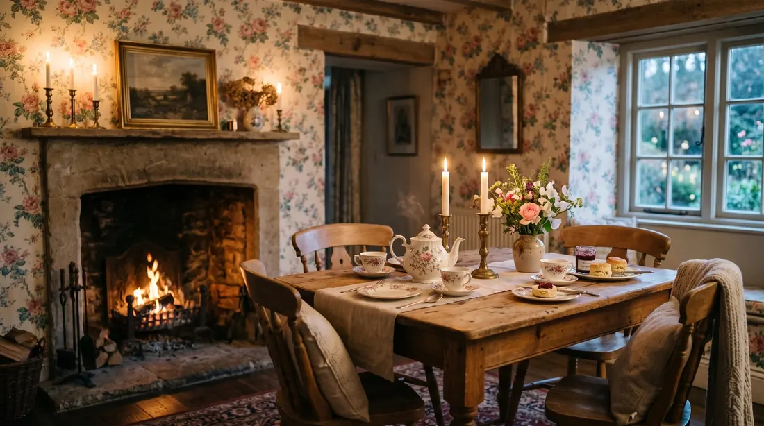 Countryside dining room with stone fireplace, wooden tea table, floral wallpaper, and candlelight.