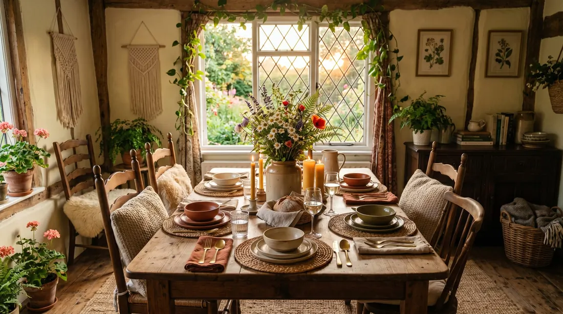Bohemian cottagecore dining room with layered textiles, woven placemats, wildflowers, and ceramic dishes.