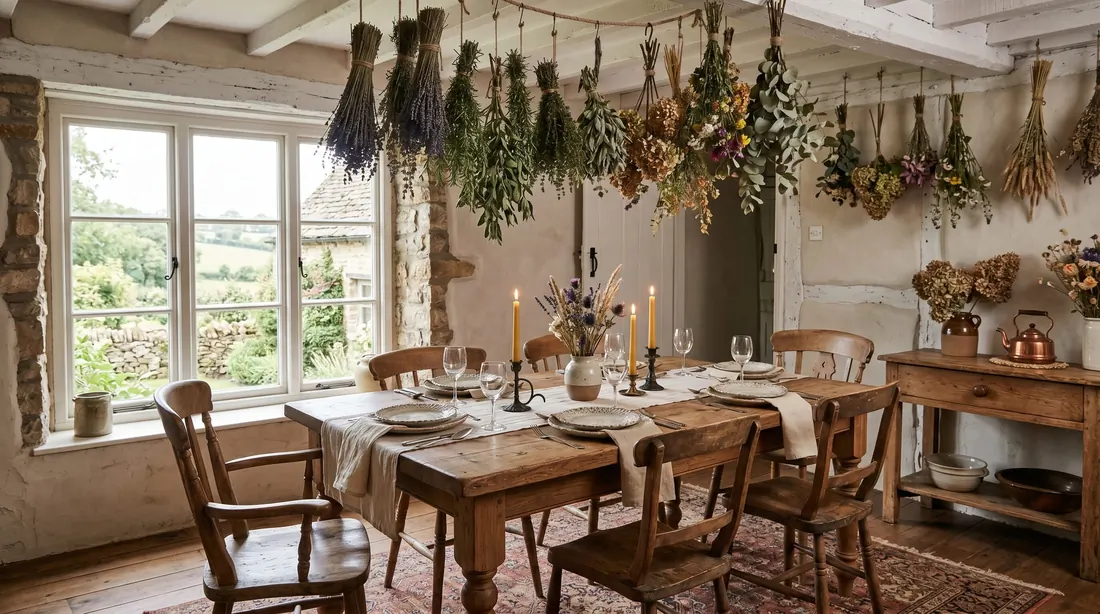 Rustic romantic dining space with farmhouse table, hanging herbs, dried florals, and neutral tones.