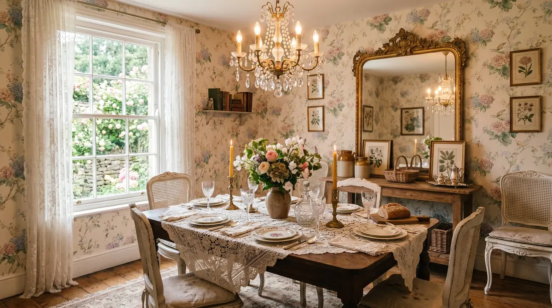 Dreamy cottagecore dining room with pastel floral wallpaper, lace table settings, antique mirror, and chandelier.
