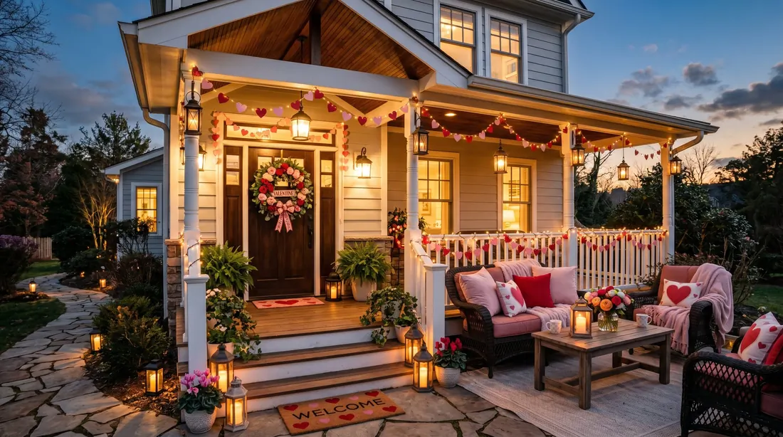 Valentine front porch with red and pink wreath, heart garlands, lanterns, and blush seating.