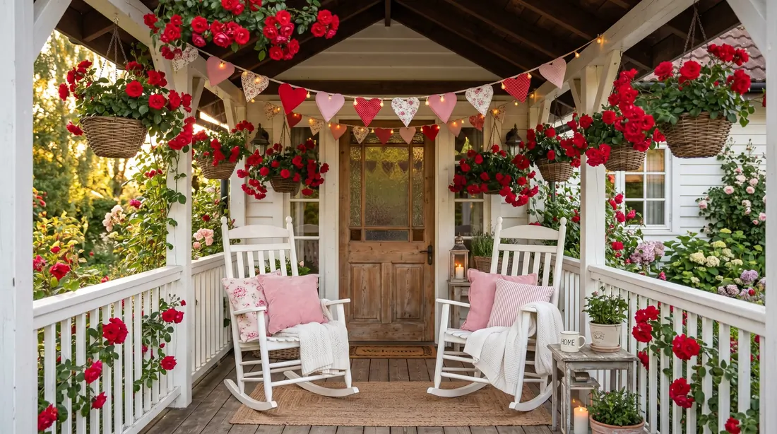 Porch with red roses, heart bunting, rocking chairs, and pink pillows.