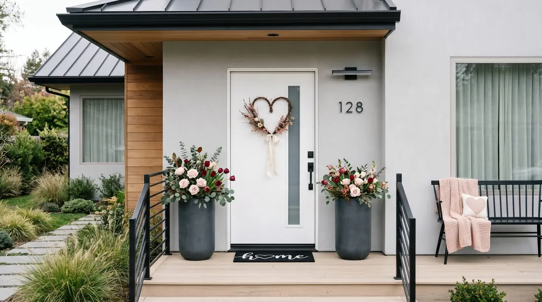 Modern Valentine porch with white door, subtle heart wreath, and blush planters.