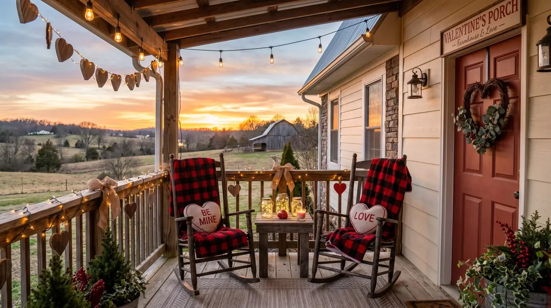 Farmhouse Valentine porch with plaid blankets, hearts, and mason jar candles.