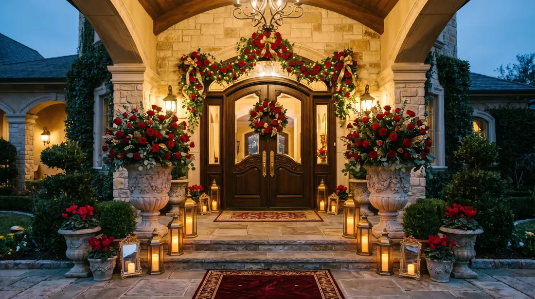 Luxury Valentine entrance with double doors, rose planters, gold accents, and lanterns.