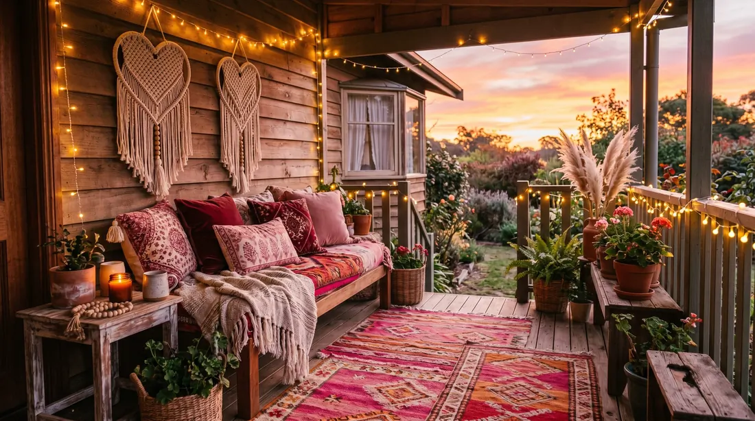 Boho Valentine porch with rugs, macrame hearts, red cushions, and fairy lights.