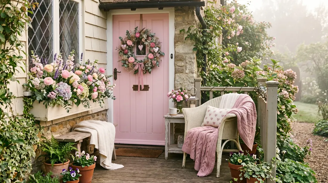 Cottage Valentine porch with pastel wreath, window boxes, and knit throws.