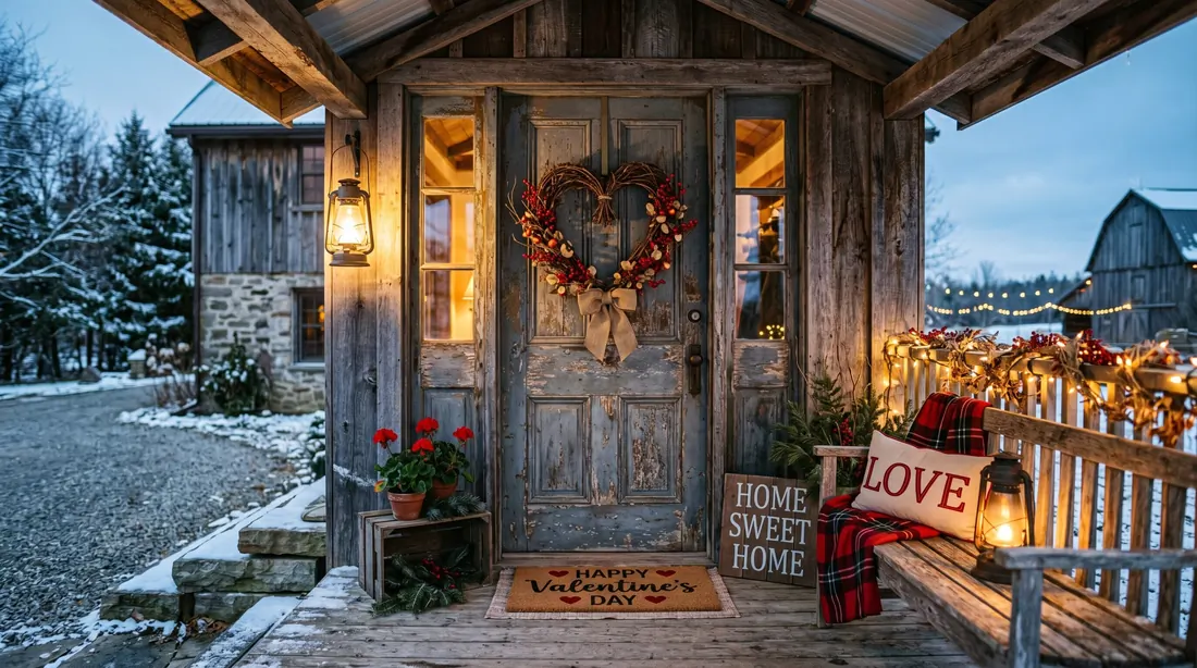 Rustic Valentine porch with twig heart wreath, berries, and lanterns.
