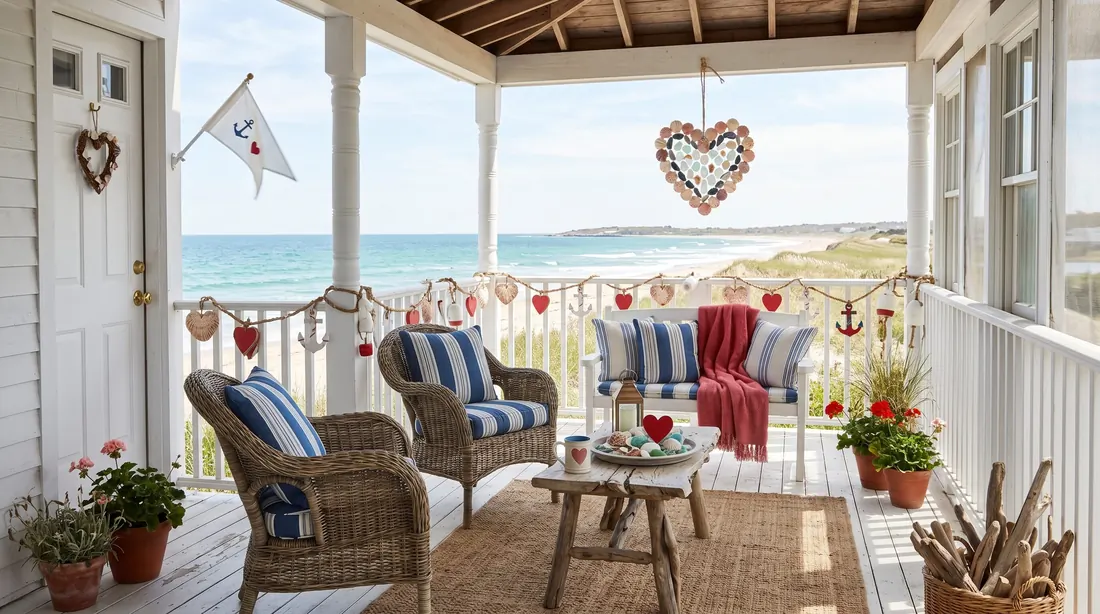 Coastal Valentine porch with nautical accents, seashell hearts, and striped cushions.