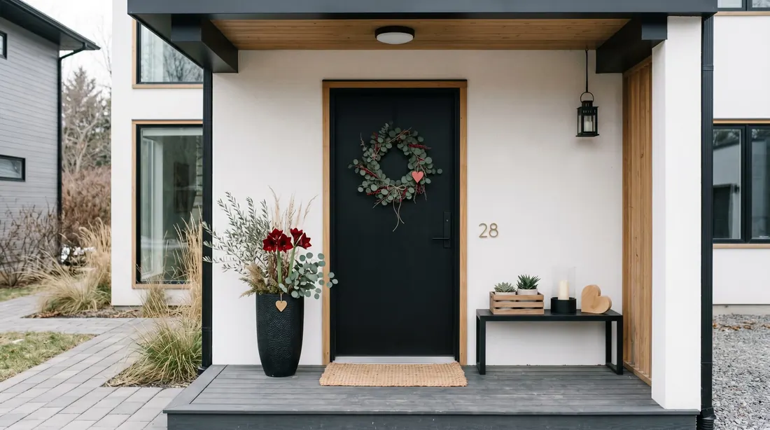 Minimal Valentine porch with neutral tones, red flowers, heart accents, and black door.