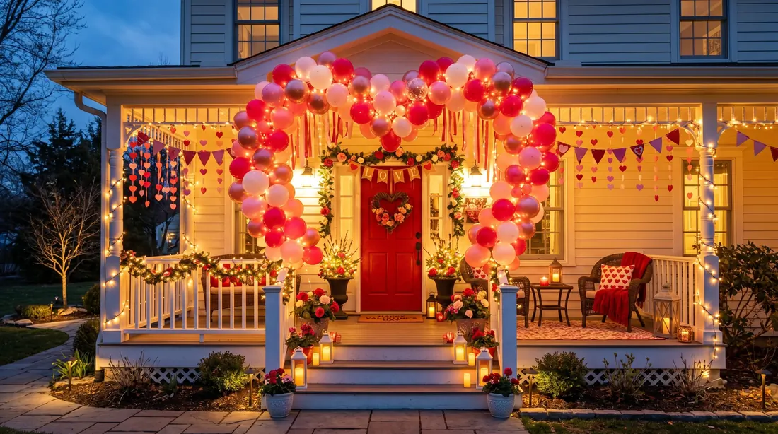 Festive Valentine porch with balloon heart arch, streamers, and lights.
