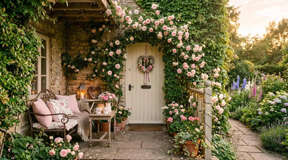 Garden Valentine porch with climbing roses, pink blooms, ivy, and seating nook.