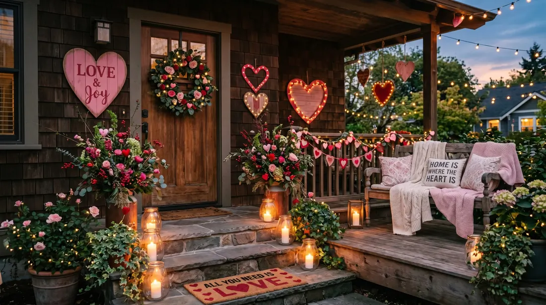 Whimsical Valentine porch with oversized hearts, flowers, and glass candle lanterns.