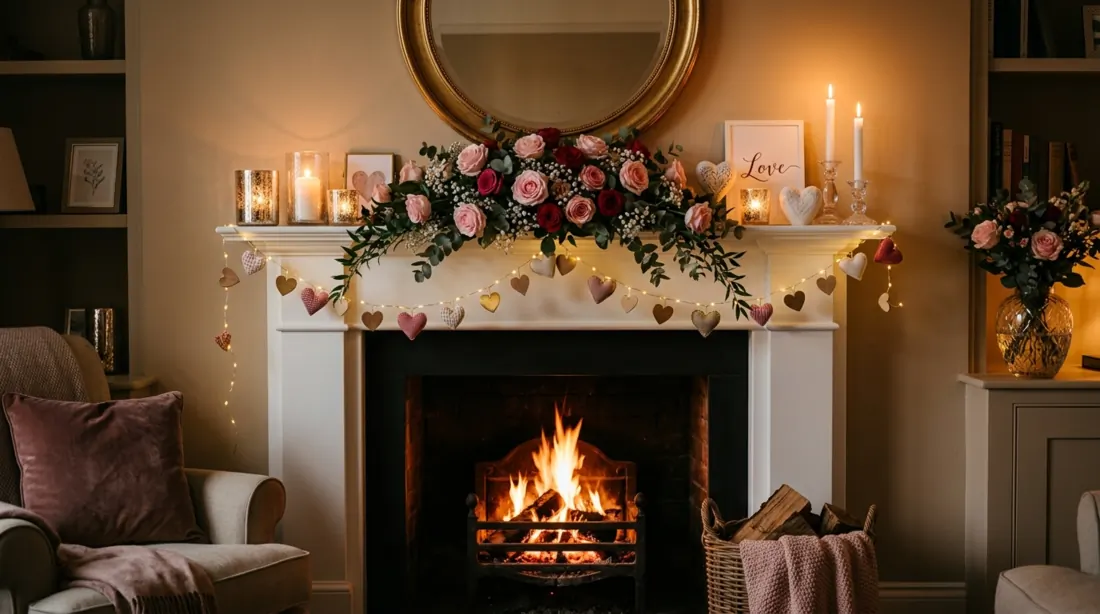 Valentine mantel with pink and red roses, glass candles, heart garlands, and a white fireplace.