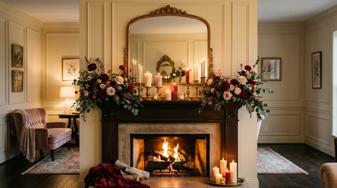 Luxury Valentine mantel with gold mirror, red and blush florals, and layered candles.