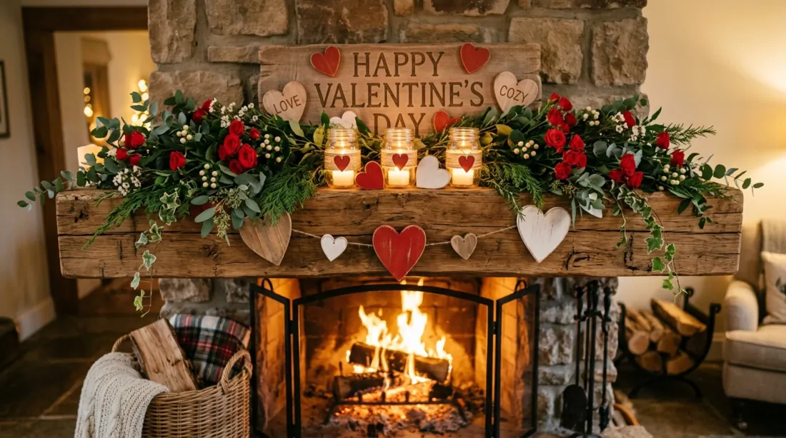 Farmhouse Valentine mantel with wood beams, mason jar candles, hearts, greenery, and roses.